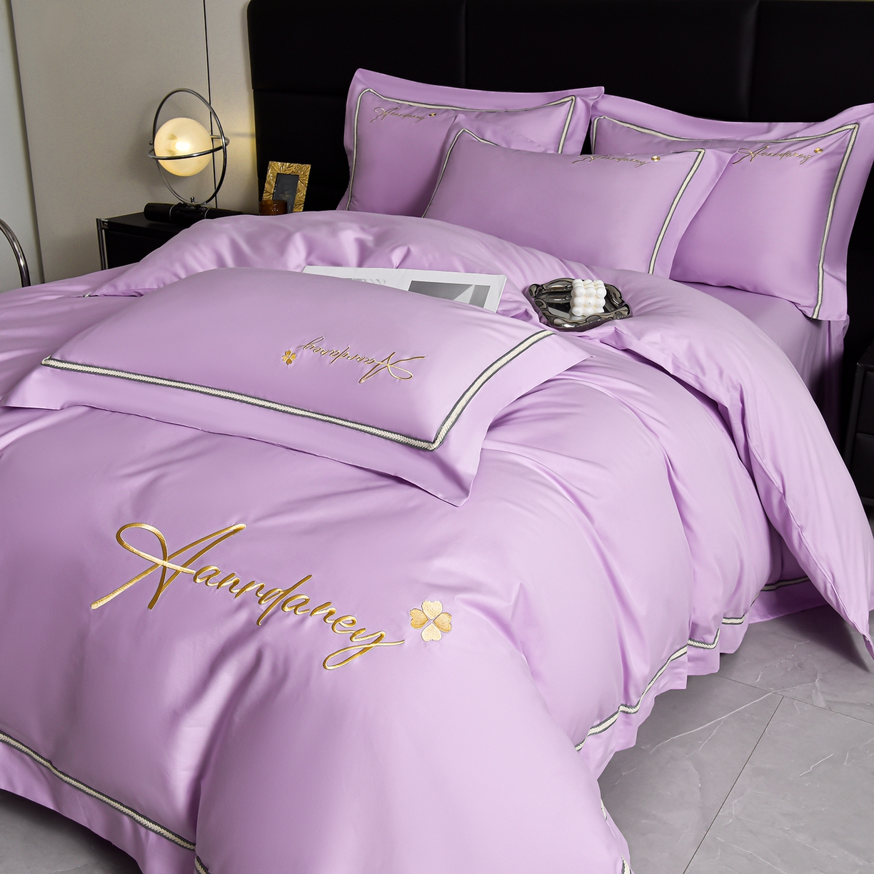 91家纺网 家纺一手货源 找家纺 湘雪家居 2026新款长绒棉高支高密纯棉刺绣四件套-幕镜款 幕镜-暮光紫