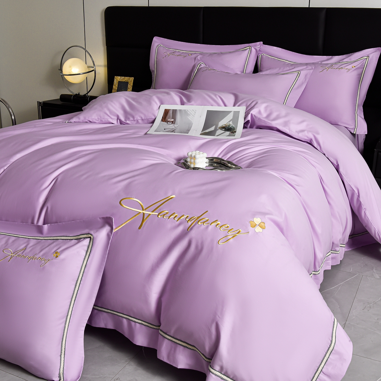 湘雪家居 2026新款长绒棉高支高密纯棉刺绣四件套-幕镜款 幕镜-暮光紫