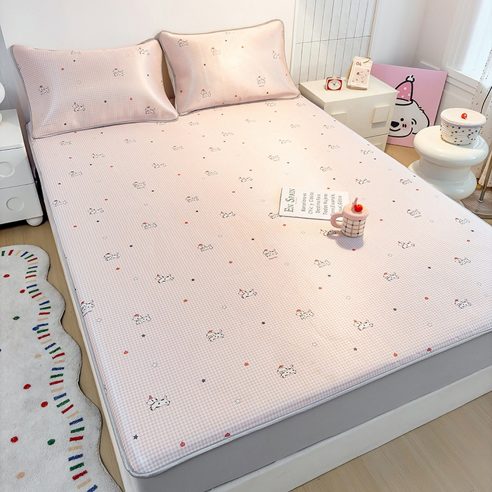 91家纺网 家纺一手货源 找家纺 小萌虎 2026新款碳光冰丝凉席床笠款拍法一 斑点狗粉