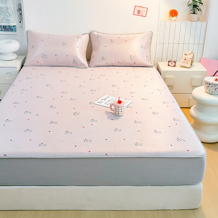 91家纺网 家纺一手货源 找家纺 小萌虎 2026新款碳光冰丝凉席床笠款拍法一 斑点狗粉