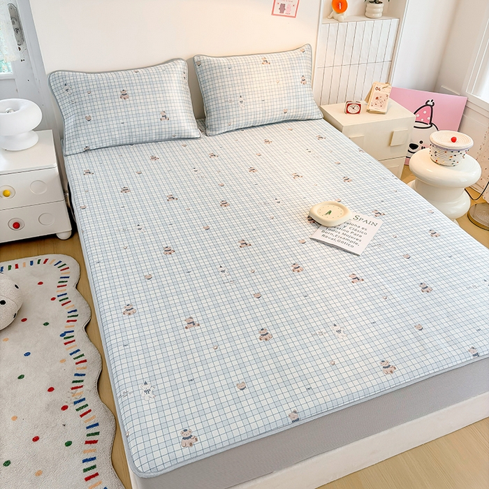 91家纺网 家纺一手货源 找家纺 小萌虎 2026新款碳光冰丝凉席床笠款拍法一 蓝格小熊