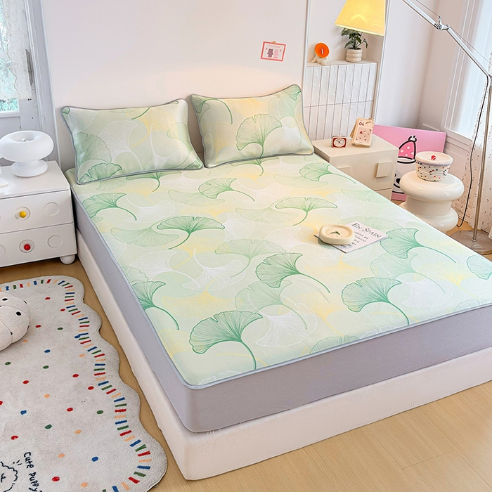 91家纺网 家纺一手货源 找家纺 小萌虎 2026新款碳光冰丝凉席床笠款拍法一 银杏叶