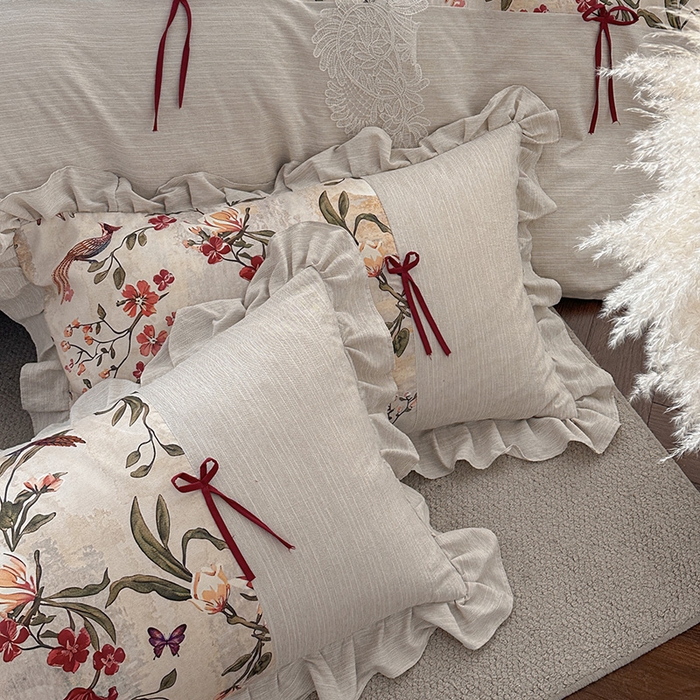91家纺网 家纺一手货源 找家纺 （总）苏源家居 2026新款复古法式田园风仿棉麻拼接印花蝴蝶结四件套-莫奈花园