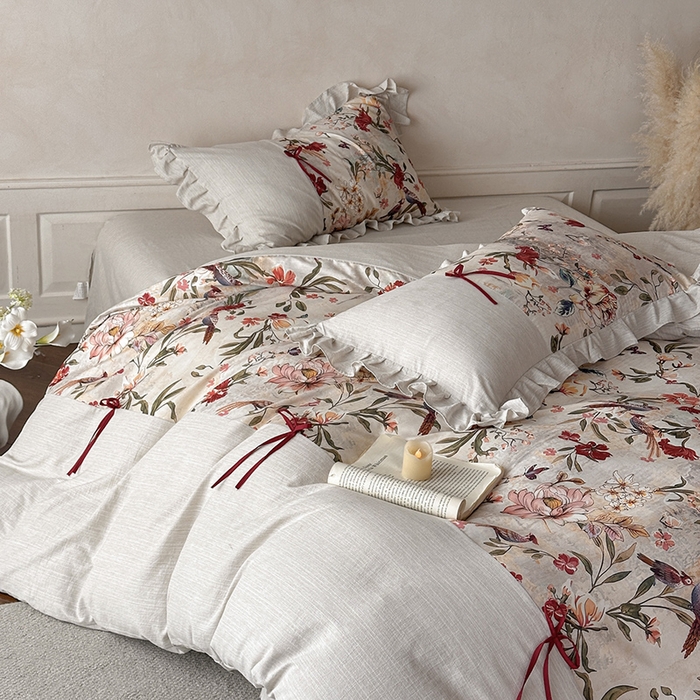 91家纺网 家纺一手货源 找家纺 （总）苏源家居 2026新款复古法式田园风仿棉麻拼接印花蝴蝶结四件套-莫奈花园