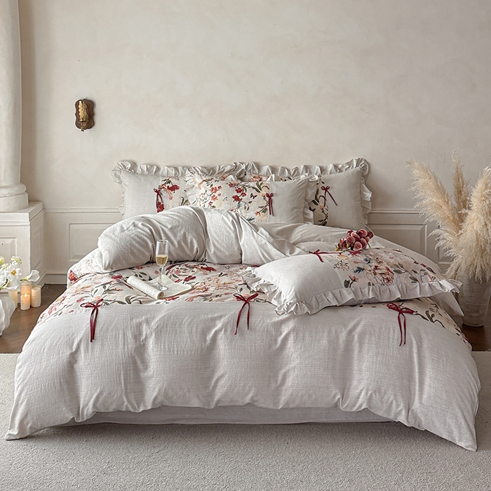 91家纺网 家纺一手货源 找家纺 （总）苏源家居 2026新款复古法式田园风仿棉麻拼接印花蝴蝶结四件套-莫奈花园