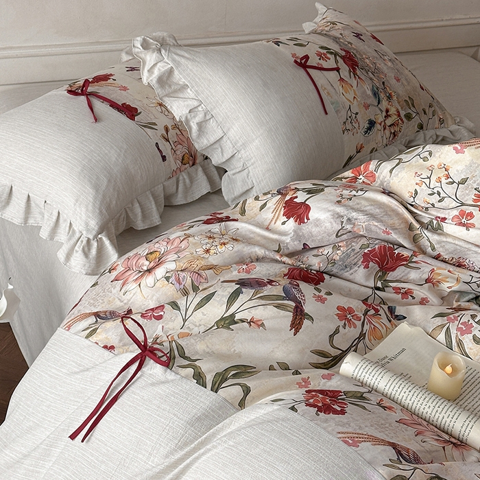 91家纺网 家纺一手货源 找家纺 （总）苏源家居 2026新款复古法式田园风仿棉麻拼接印花蝴蝶结四件套-莫奈花园