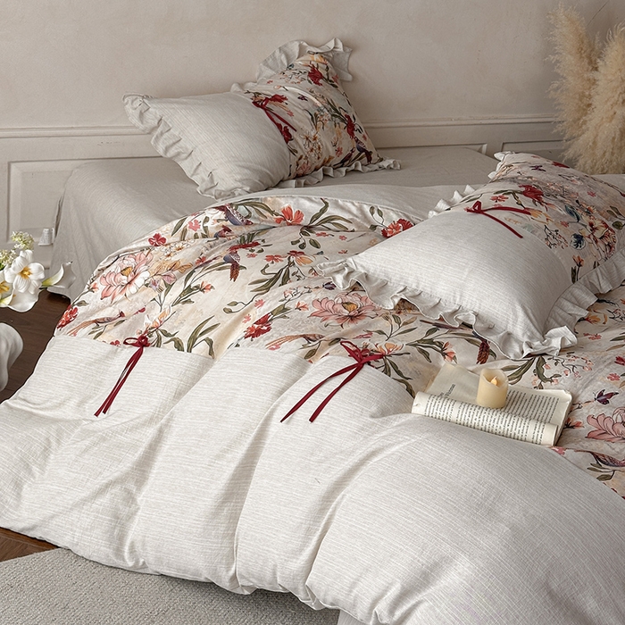 91家纺网 家纺一手货源 找家纺 （总）苏源家居 2026新款复古法式田园风仿棉麻拼接印花蝴蝶结四件套-莫奈花园