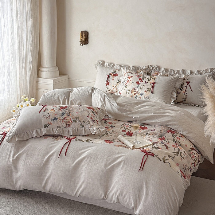 91家纺网 家纺一手货源 找家纺 （总）苏源家居 2026新款复古法式田园风仿棉麻拼接印花蝴蝶结四件套-莫奈花园