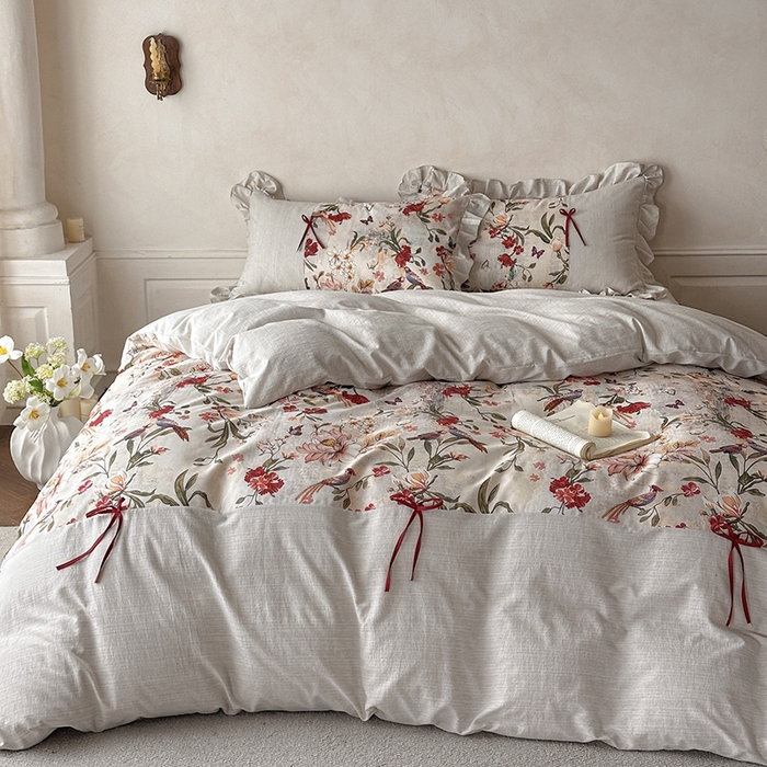 91家纺网 家纺一手货源 找家纺 （总）苏源家居 2026新款复古法式田园风仿棉麻拼接印花蝴蝶结四件套-莫奈花园