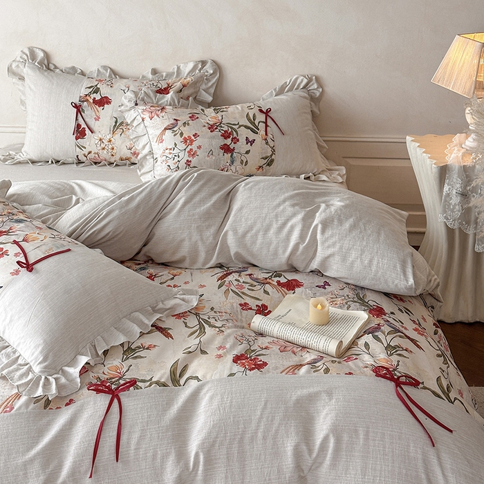 91家纺网 家纺一手货源 找家纺 （总）苏源家居 2026新款复古法式田园风仿棉麻拼接印花蝴蝶结四件套-莫奈花园