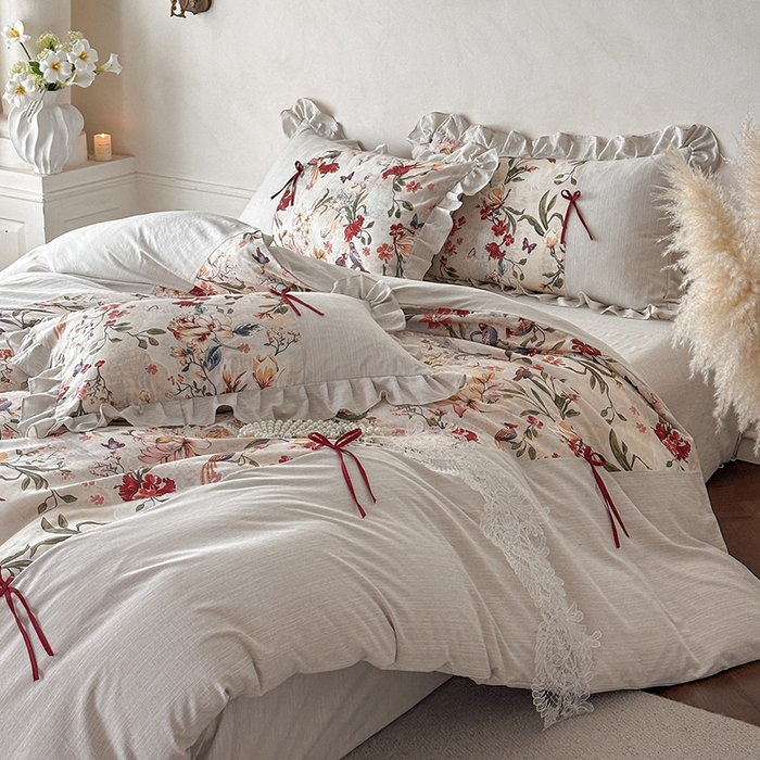 91家纺网 家纺一手货源 找家纺 （总）苏源家居 2026新款复古法式田园风仿棉麻拼接印花蝴蝶结四件套-莫奈花园