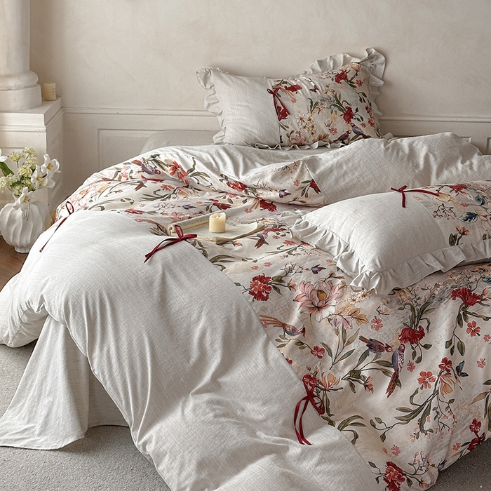 91家纺网 家纺一手货源 找家纺 （总）苏源家居 2026新款复古法式田园风仿棉麻拼接印花蝴蝶结四件套-莫奈花园