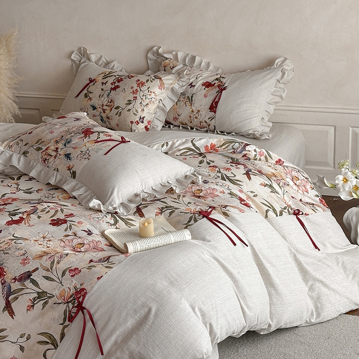 91家纺网 家纺一手货源 找家纺 （总）苏源家居 2026新款复古法式田园风仿棉麻拼接印花蝴蝶结四件套-莫奈花园