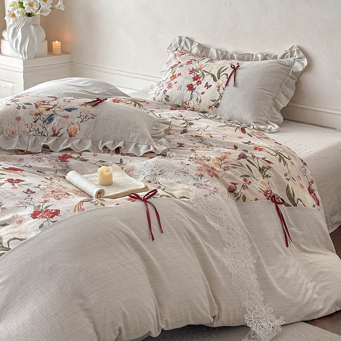 91家纺网 家纺一手货源 找家纺 （总）苏源家居 2026新款复古法式田园风仿棉麻拼接印花蝴蝶结四件套-莫奈花园