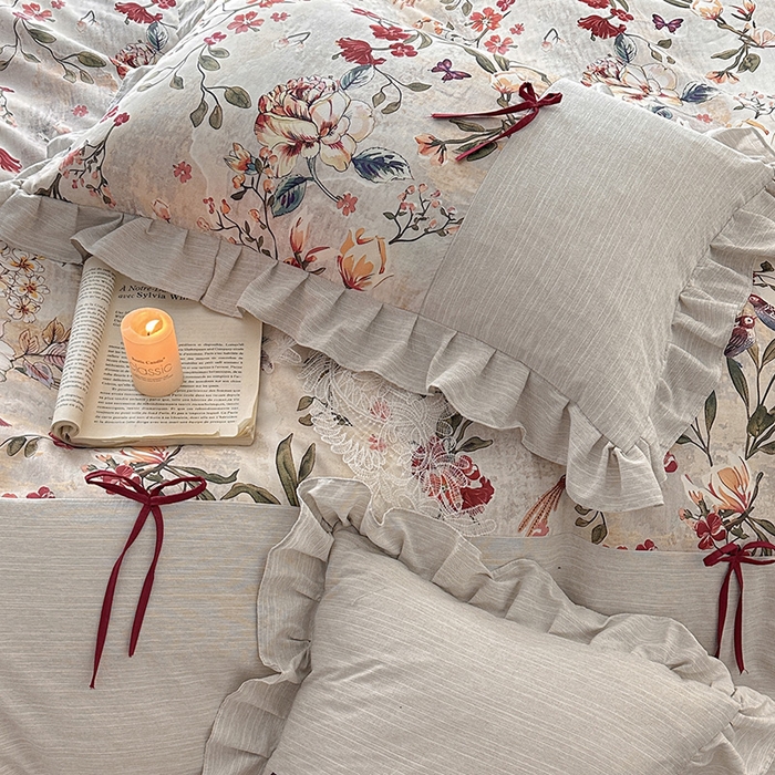 91家纺网 家纺一手货源 找家纺 （总）苏源家居 2026新款复古法式田园风仿棉麻拼接印花蝴蝶结四件套-莫奈花园