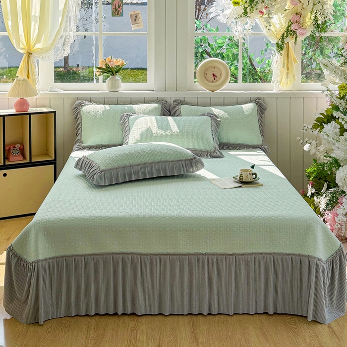 91家纺网 家纺一手货源 找家纺 恋佳居 2026新款A类PE中分子凉感丝床裙凉席 冰沙银丝绿格