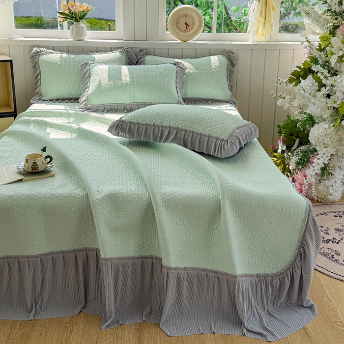 91家纺网 家纺一手货源 找家纺 恋佳居 2026新款A类PE中分子凉感丝床裙凉席 冰沙银丝绿格