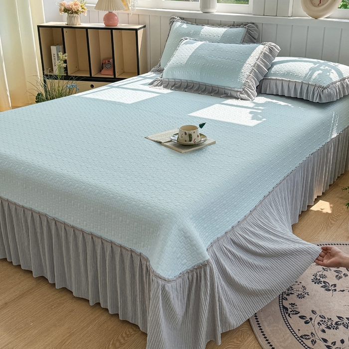 91家纺网 家纺一手货源 找家纺 恋佳居 2026新款A类PE中分子凉感丝床裙凉席 冰沙银丝蓝色