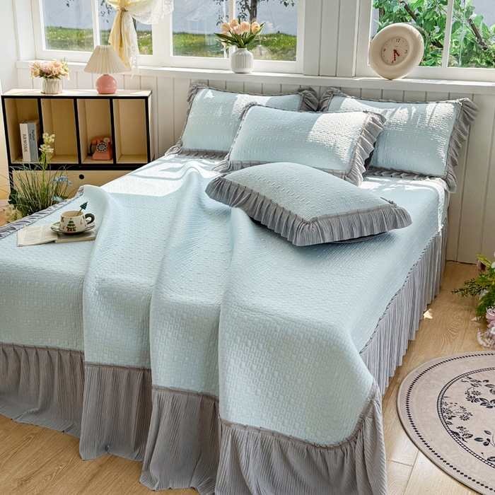 91家纺网 家纺一手货源 找家纺 恋佳居 2026新款A类PE中分子凉感丝床裙凉席 冰沙银丝蓝色