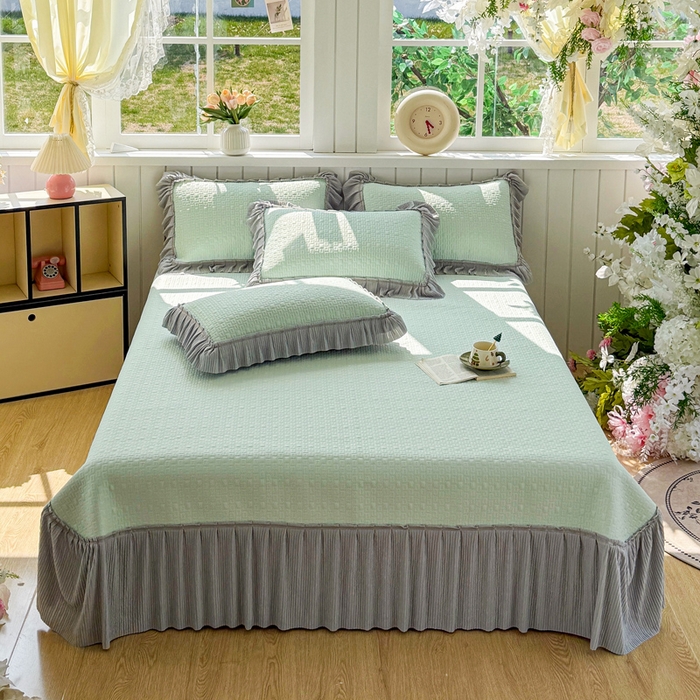 91家纺网 家纺一手货源 找家纺 恋佳居 2026新款A类PE中分子凉感丝床裙凉席 冰沙银丝绿格