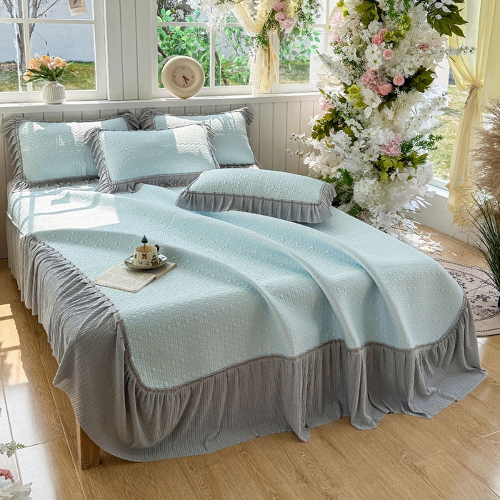 91家纺网 家纺一手货源 找家纺 恋佳居 2026新款A类PE中分子凉感丝床裙凉席 冰沙银丝蓝色