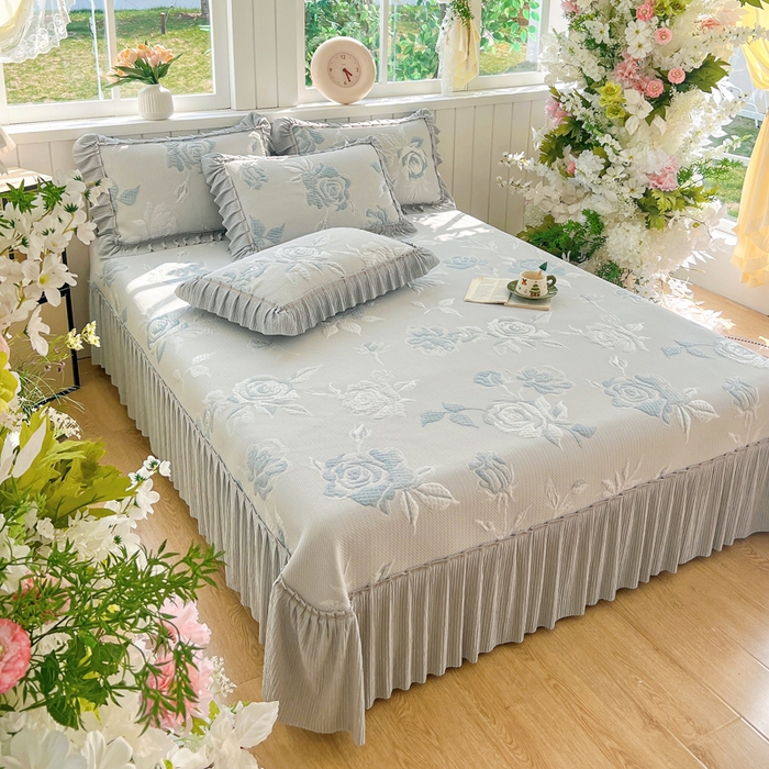 91家纺网 家纺一手货源 找家纺 恋佳居 2026新款A类PE中分子凉感丝床裙凉席 冰柔蓝蔷薇