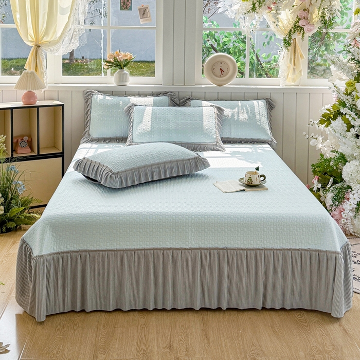 91家纺网 家纺一手货源 找家纺 恋佳居 2026新款A类PE中分子凉感丝床裙凉席 冰沙银丝蓝色