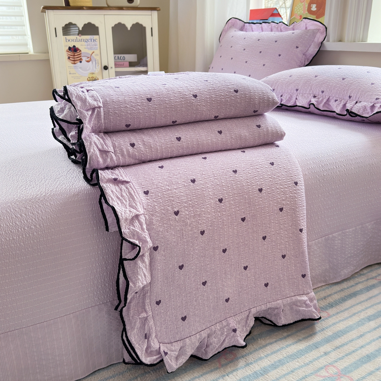 德比尔斯  2026新款泡芙棉夏被四件套花边款 爱心紫