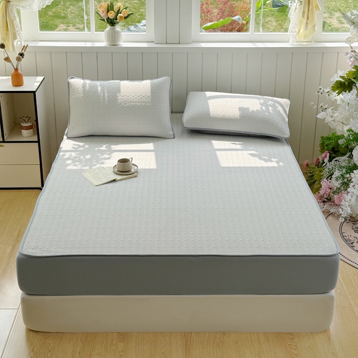 91家纺网 家纺一手货源 找家纺 恋佳居 2026新款A类PE中分子凉感丝床笠凉席 冰纱银丝灰格