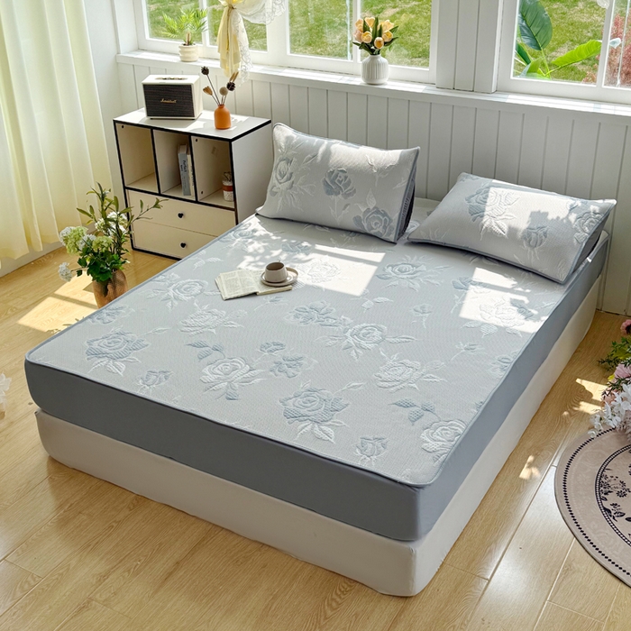 91家纺网 家纺一手货源 找家纺 恋佳居 2026新款A类PE中分子凉感丝床笠凉席 冰柔蓝蔷薇