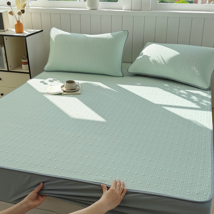 91家纺网 家纺一手货源 找家纺 恋佳居 2026新款A类PE中分子凉感丝床笠凉席 冰纱银丝绿格