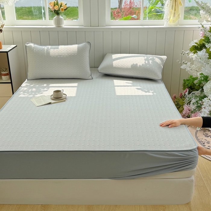 91家纺网 家纺一手货源 找家纺 恋佳居 2026新款A类PE中分子凉感丝床笠凉席 冰纱银丝灰格