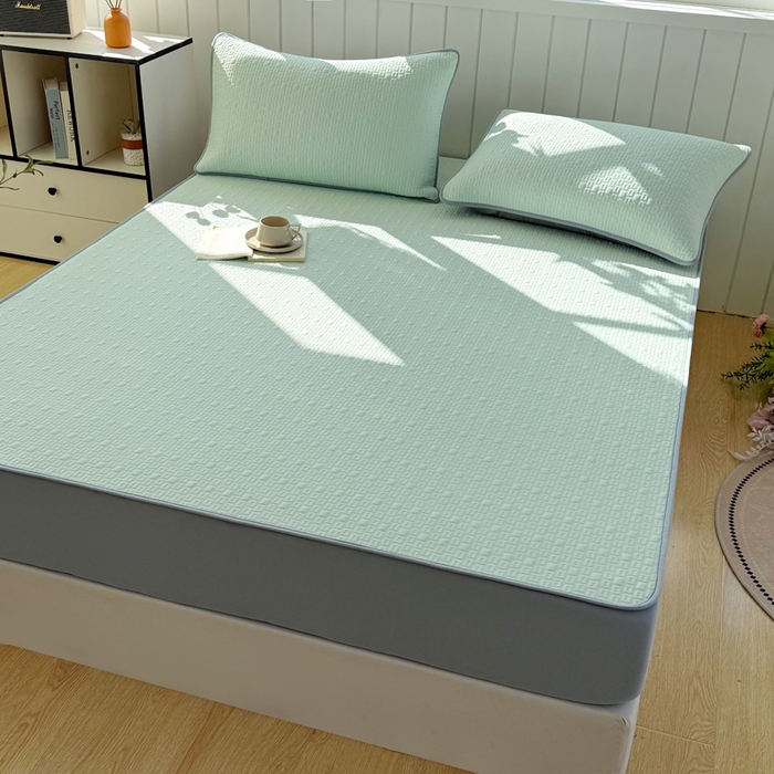 91家纺网 家纺一手货源 找家纺 恋佳居 2026新款A类PE中分子凉感丝床笠凉席 冰纱银丝绿格