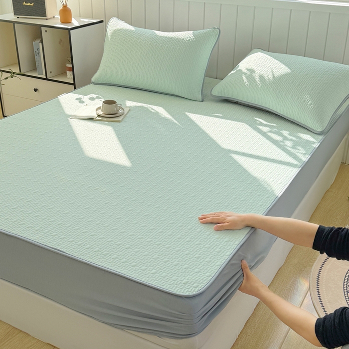 91家纺网 家纺一手货源 找家纺 恋佳居 2026新款A类PE中分子凉感丝床笠凉席 冰纱银丝绿格