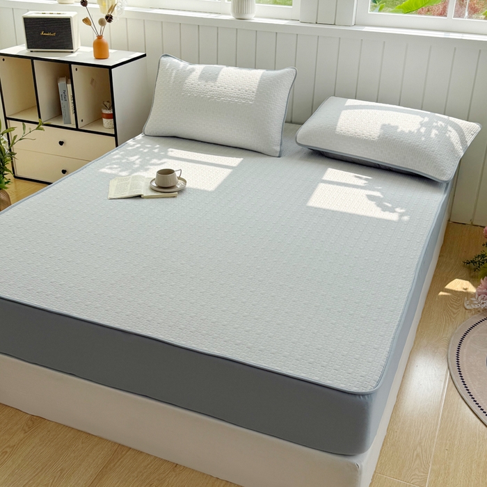 91家纺网 家纺一手货源 找家纺 恋佳居 2026新款A类PE中分子凉感丝床笠凉席 冰纱银丝灰格