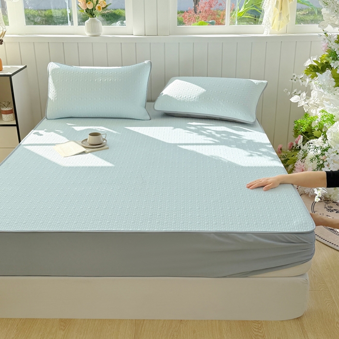 91家纺网 家纺一手货源 找家纺 恋佳居 2026新款A类PE中分子凉感丝床笠凉席 冰沙银丝蓝格