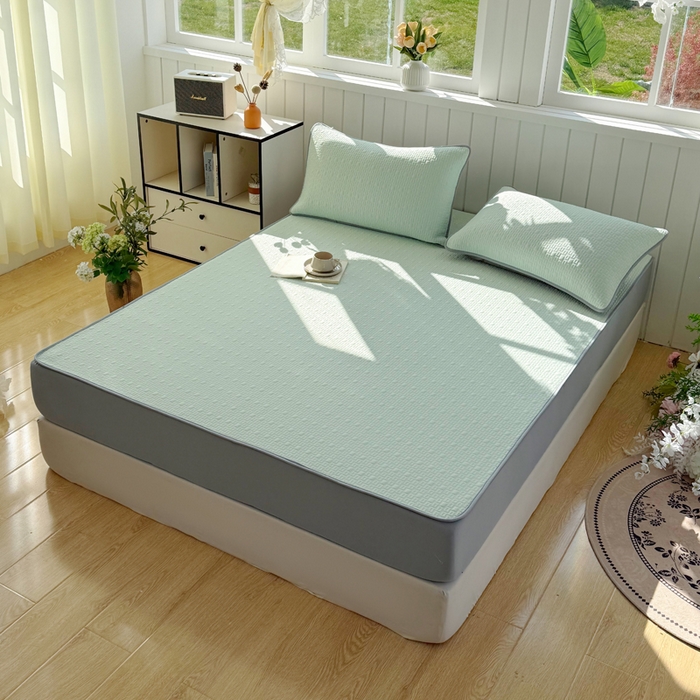 91家纺网 家纺一手货源 找家纺 恋佳居 2026新款A类PE中分子凉感丝床笠凉席 冰纱银丝绿格