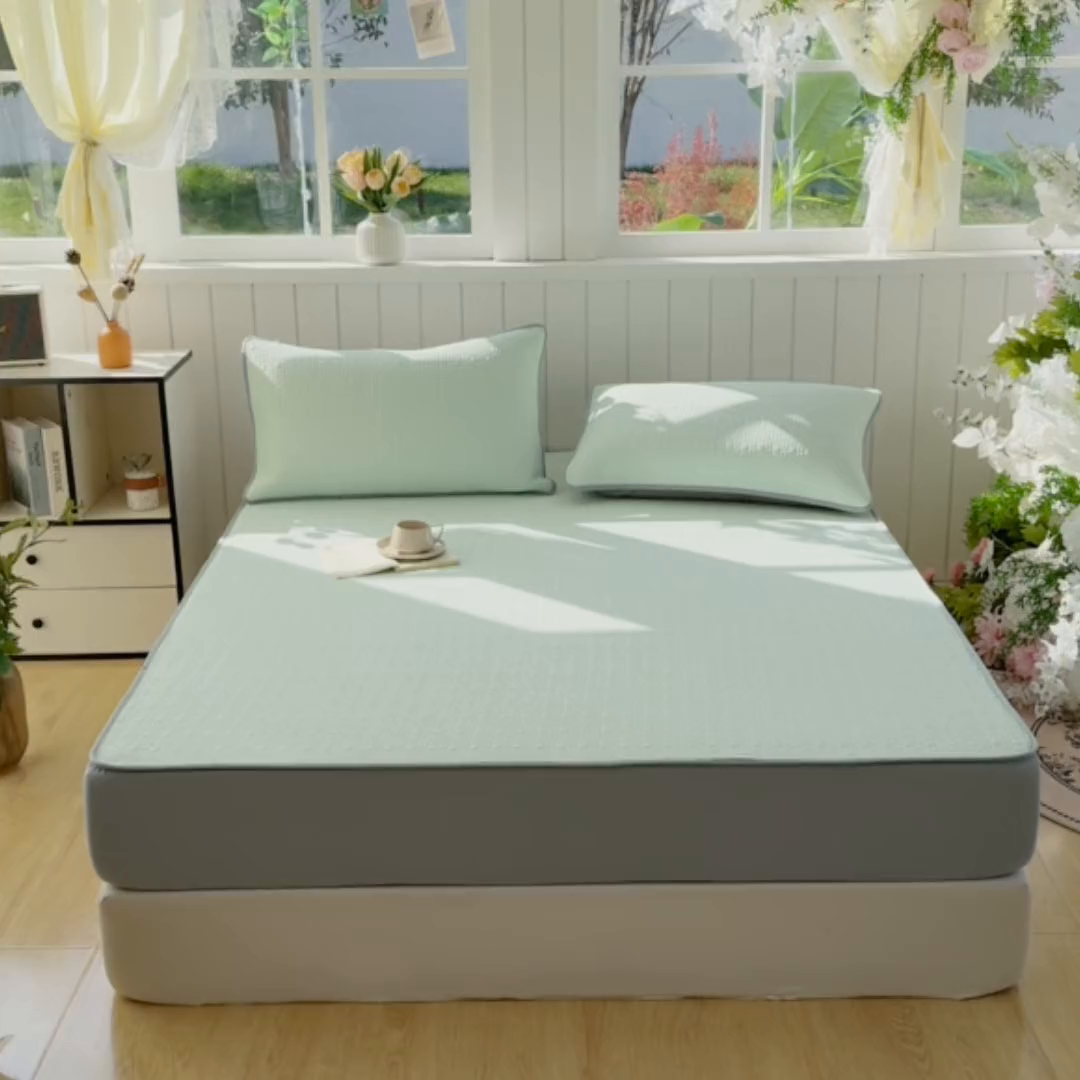 91家纺网 家纺一手货源 找家纺 恋佳居 2026新款A类PE中分子凉感丝床笠凉席 冰纱银丝绿格