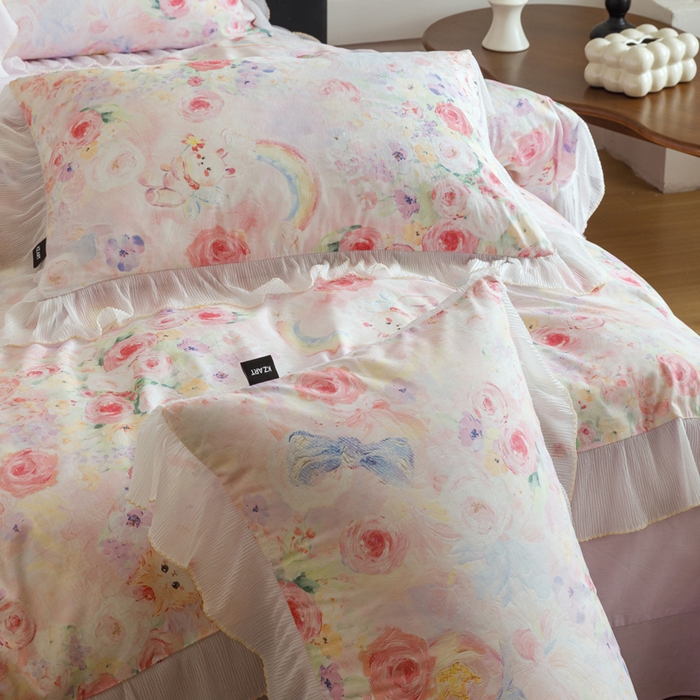 91家纺网 家纺一手货源 找家纺 （总）卡姿家纺 2026春夏全棉法式复古油画风花边款四件套