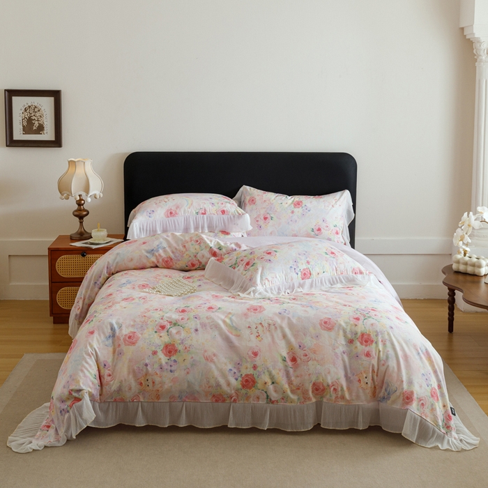 91家纺网 家纺一手货源 找家纺 （总）卡姿家纺 2026春夏全棉法式复古油画风花边款四件套