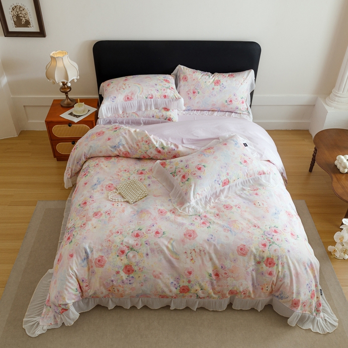 91家纺网 家纺一手货源 找家纺 （总）卡姿家纺 2026春夏全棉法式复古油画风花边款四件套