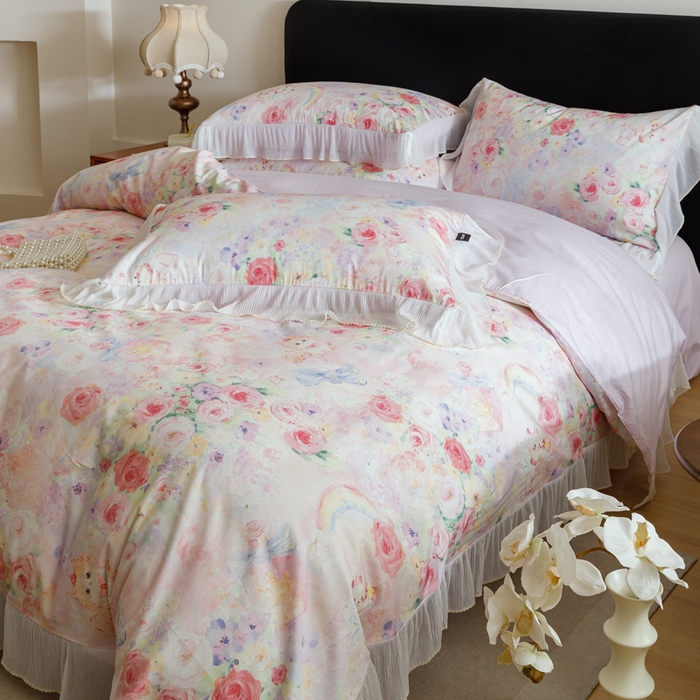 91家纺网 家纺一手货源 找家纺 （总）卡姿家纺 2026春夏全棉法式复古油画风花边款四件套