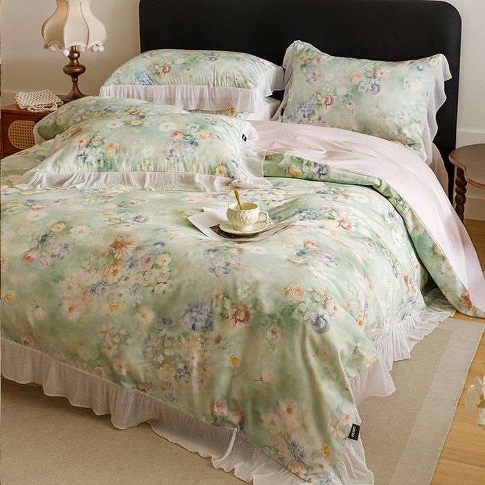 91家纺网 家纺一手货源 找家纺 卡姿家纺 2026春夏全棉法式复古油画风花边款四件套 娇韵诗兰