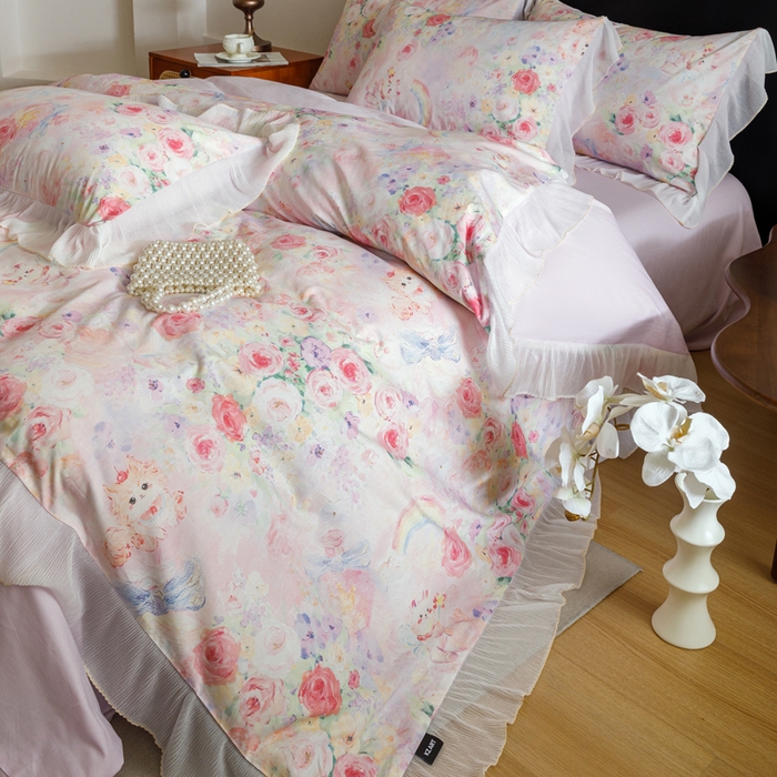 91家纺网 家纺一手货源 找家纺 卡姿家纺 2026春夏全棉法式复古油画风花边款四件套 波斯公主