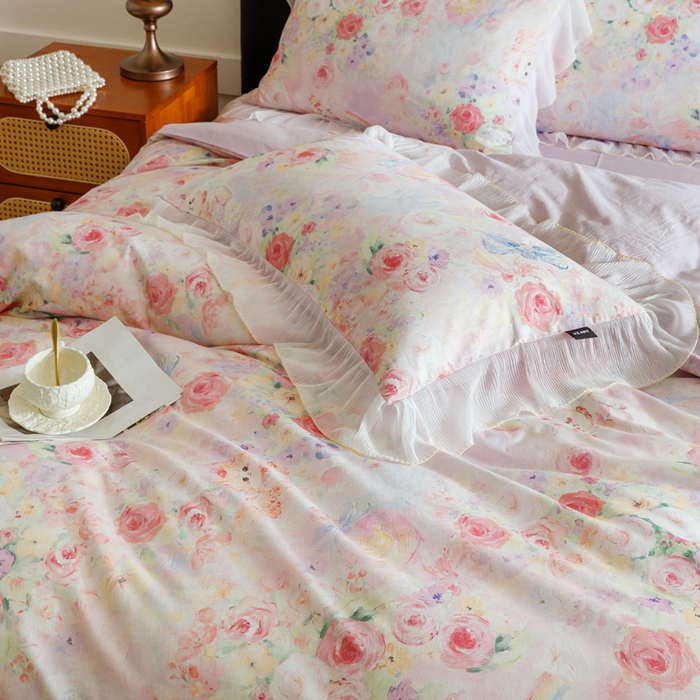 91家纺网 家纺一手货源 找家纺 卡姿家纺 2026春夏全棉法式复古油画风花边款四件套 波斯公主