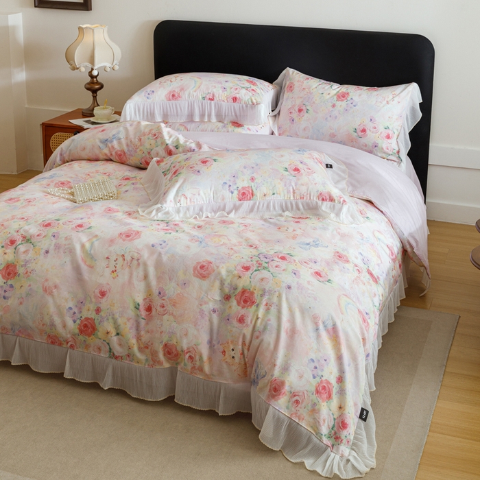 91家纺网 家纺一手货源 找家纺 卡姿家纺 2026春夏全棉法式复古油画风花边款四件套 波斯公主