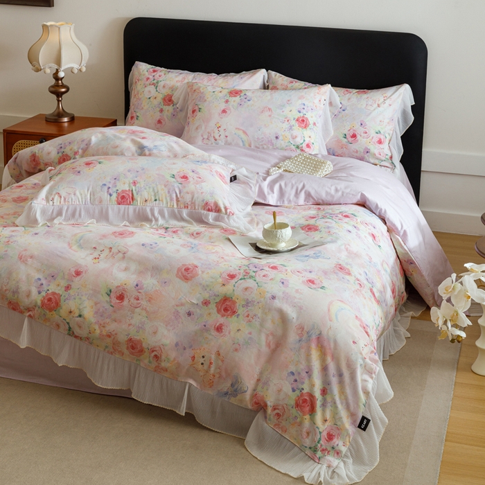 91家纺网 家纺一手货源 找家纺 卡姿家纺 2026春夏全棉法式复古油画风花边款四件套 波斯公主