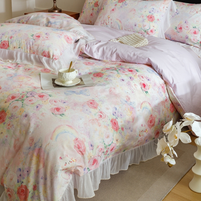 91家纺网 家纺一手货源 找家纺 卡姿家纺 2026春夏全棉法式复古油画风花边款四件套 波斯公主