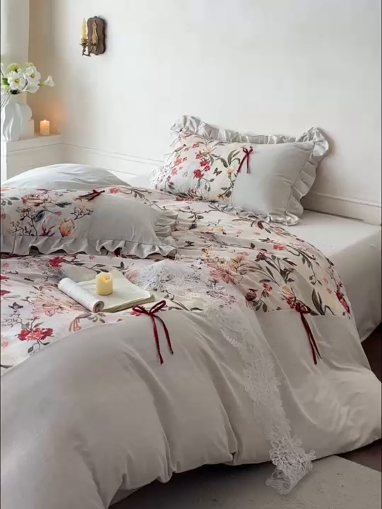 91家纺网 家纺一手货源 找家纺 （总）苏源家居 2026新款复古法式田园风仿棉麻拼接印花蝴蝶结四件套-莫奈花园