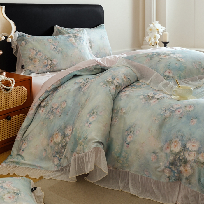 91家纺网 家纺一手货源 找家纺 卡姿家纺 2026春夏全棉法式复古油画风花边款四件套 风香花倦